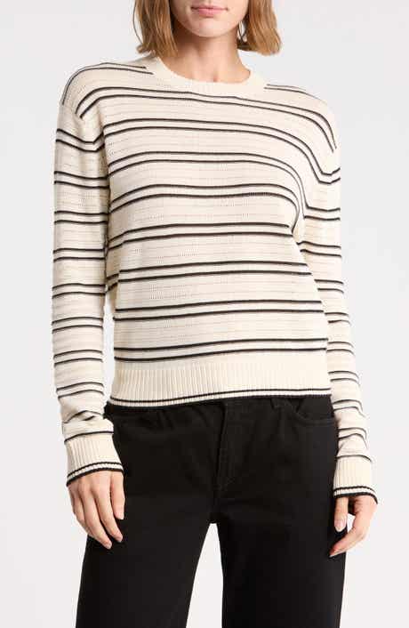 Striped Textured Stitch Cotton Crewneck Sweater