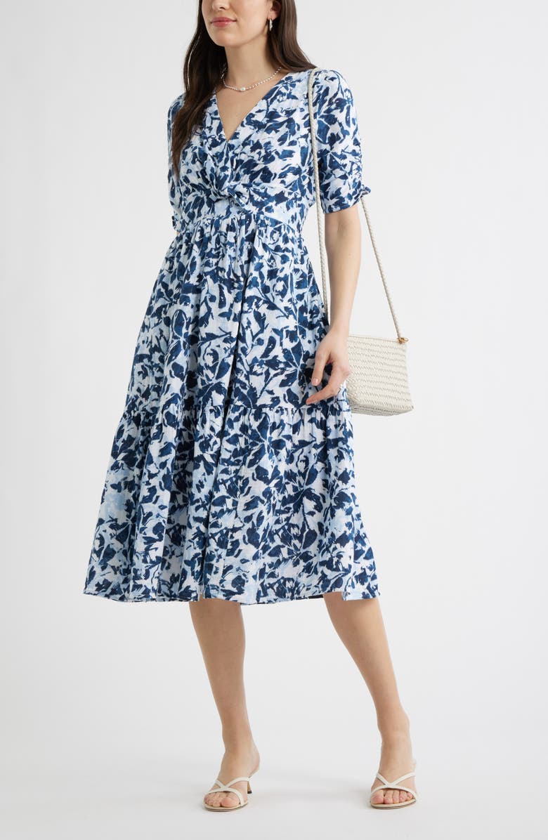 Caslon<sup>®</sup> Twist Detail Gauze Midi Dress, Main, color, Navy- White Brushed Blooms