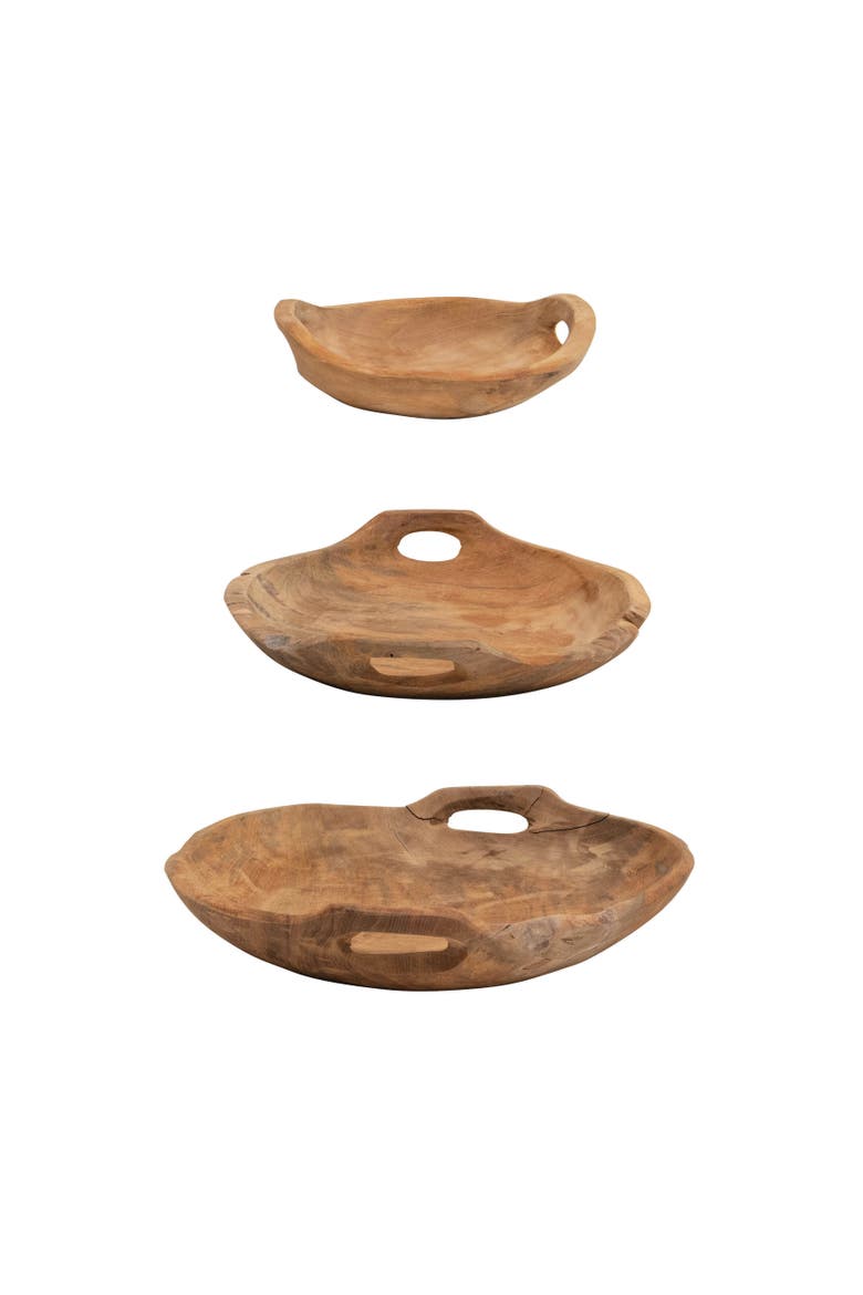 Teak Wood Bowls with Handles, Set of 3, Main, color, Natural