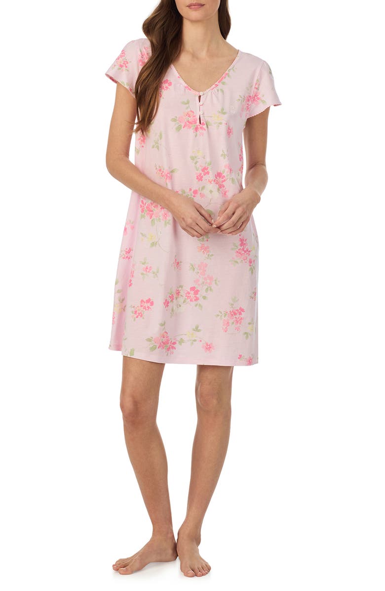 Lauren Ralph Lauren Flutter Sleeve Nightgown, Main, color, Pink Print