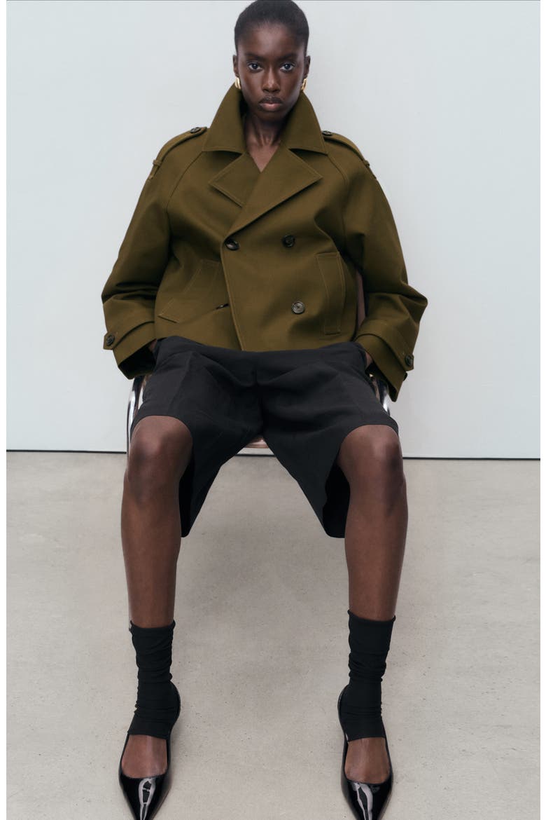Oversize Crop Cotton Trench Coat, Alternate, color, KHAKI GREEN