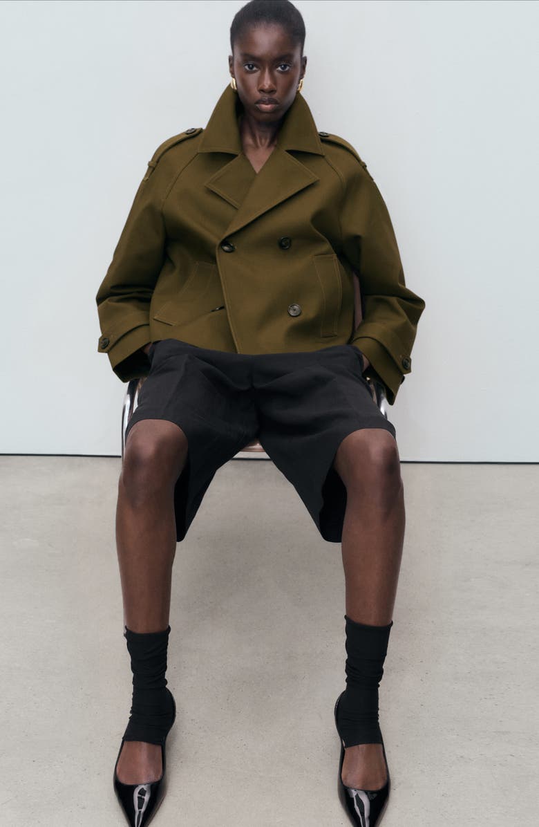 MANGO Oversize Crop Cotton Trench Coat, Alternate, color, Khaki Green