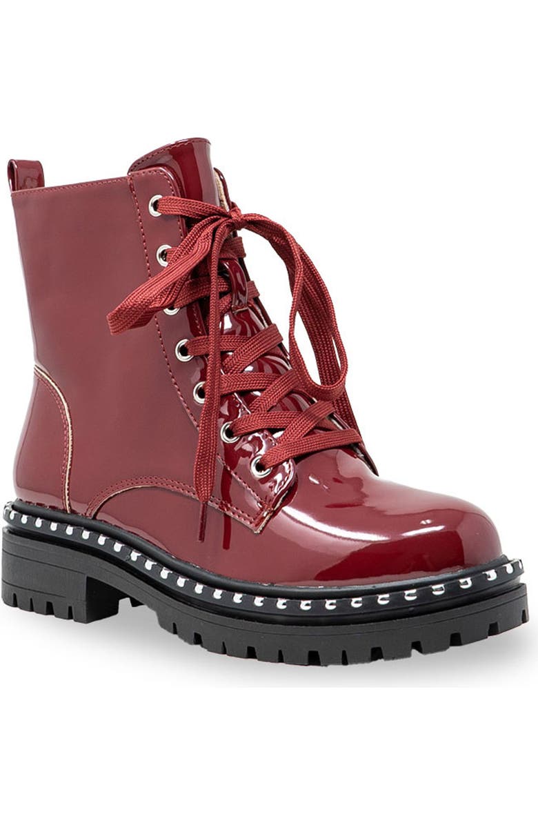 CHASE AND CHLOE Mira Studded Lug Combat Boot, Main, color, Red Patent