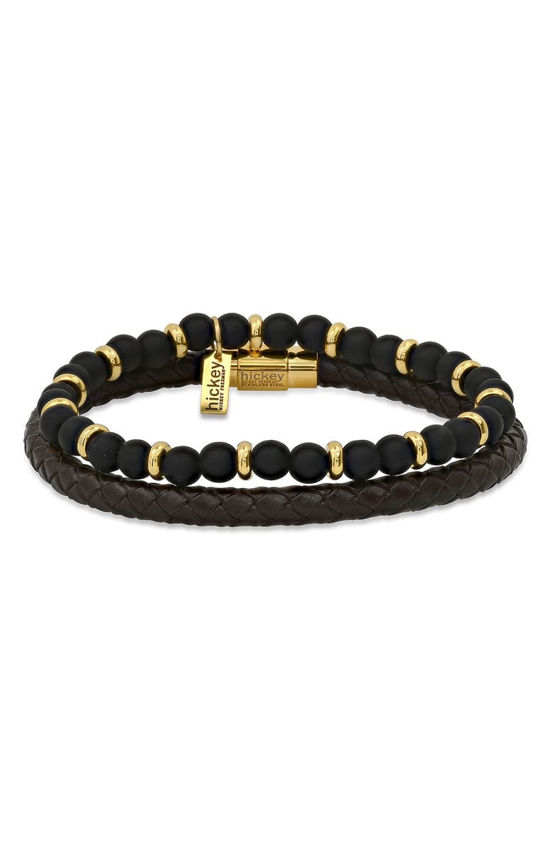 HMY JEWELRY Men's 18K Yellow Gold Beaded & Leather Bracelet Duo, Main, color,