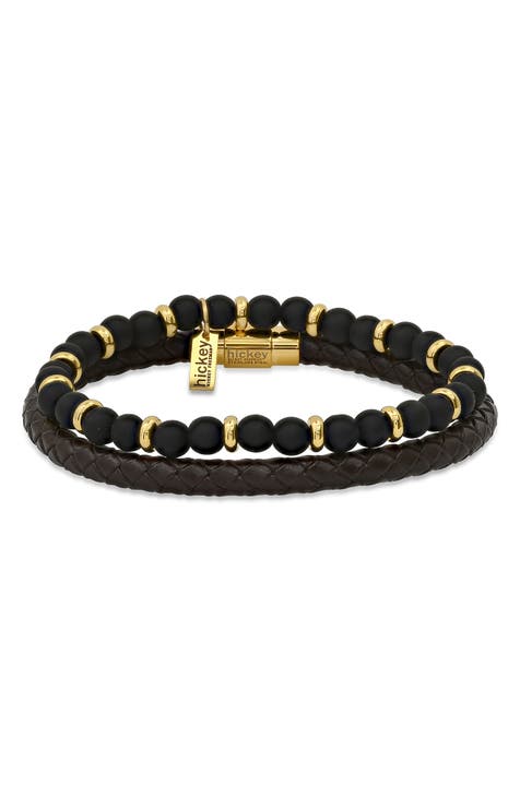 Men's 18K Yellow Gold Beaded & Leather Bracelet Duo