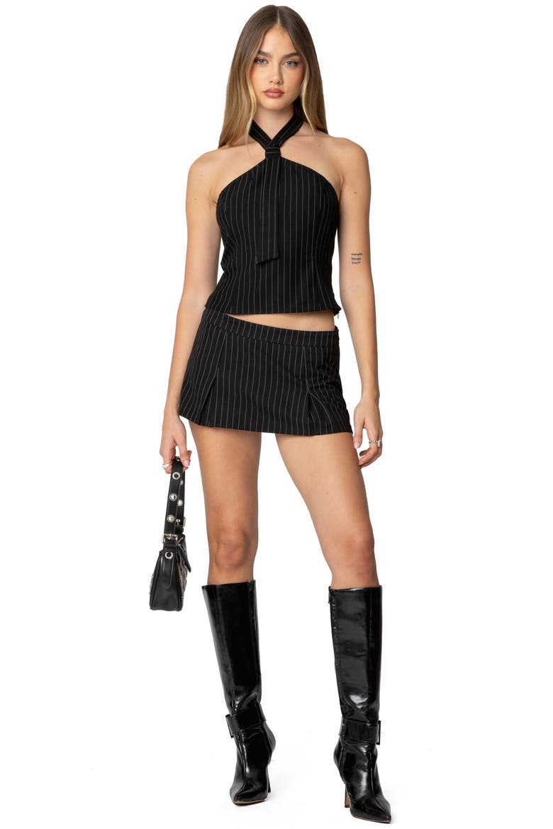 Karine Low Rise Pinstripe Pleated Miniskort, Alternate, color, BLACK