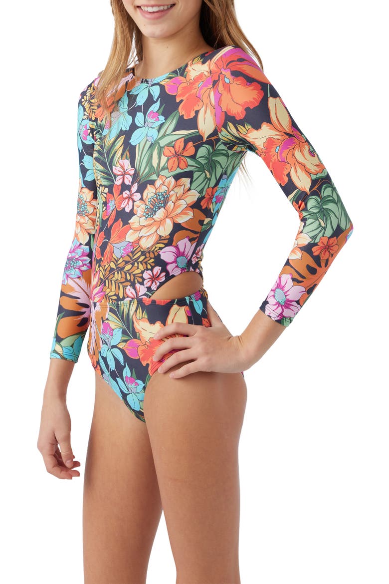 Kids' Reina Tropical Side Cutout One-Piece Rashguard Swimsuit, Alternate, color, BLACK