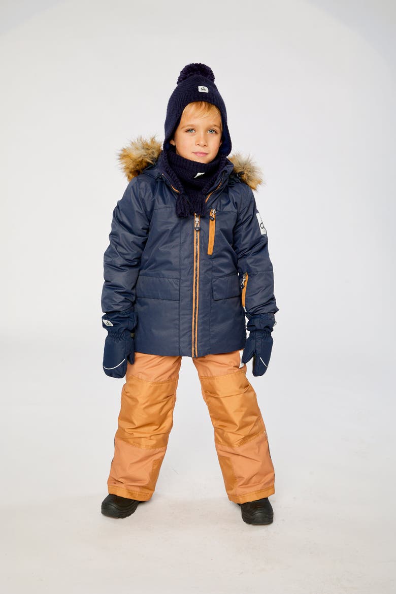 Play Faux Fur Hood Jacket & Pants Two Piece Snowsuit, Alternate, color, Navy Blue and Brown