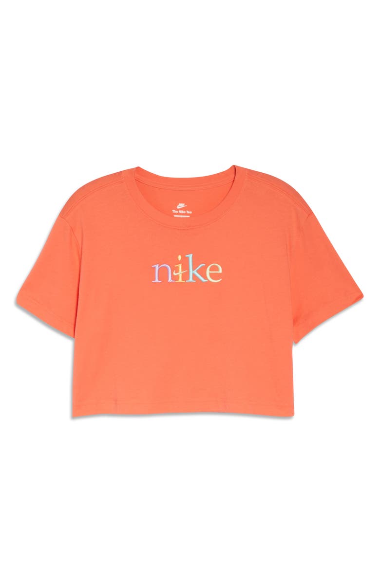 Nike Sportswear Short Sleeve Embroidered Crop Cotton T-Shirt, Alternate, color, Magic Ember