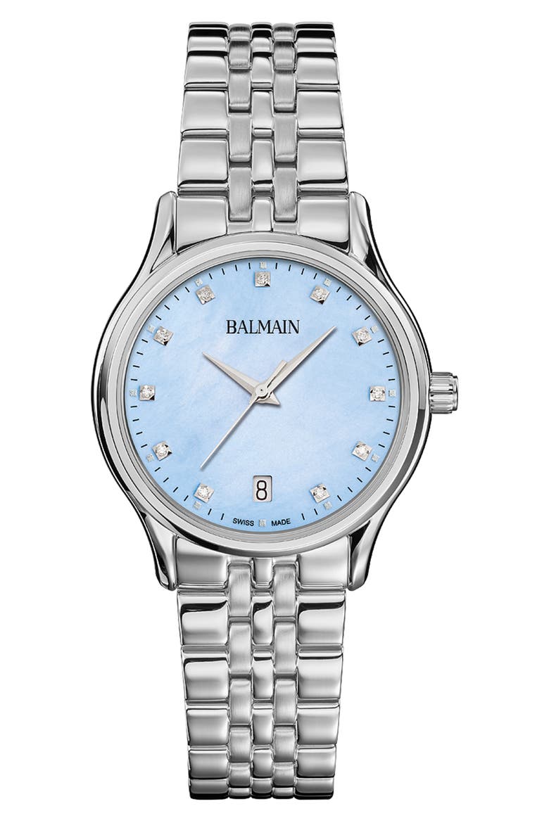 Beleganza Diamond & Mother-of-Pearl Bracelet Watch, 32mm, Main, color, BLUE MOP STAINLESS STEEL