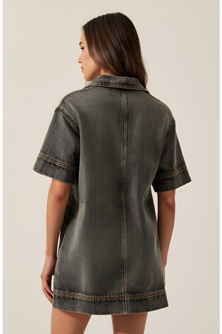 Solid Denim Mini Shirt Dress with Collared V-Neck, Short Sleeves and Chest Flap Pockets, Alternate, color, Washed Black