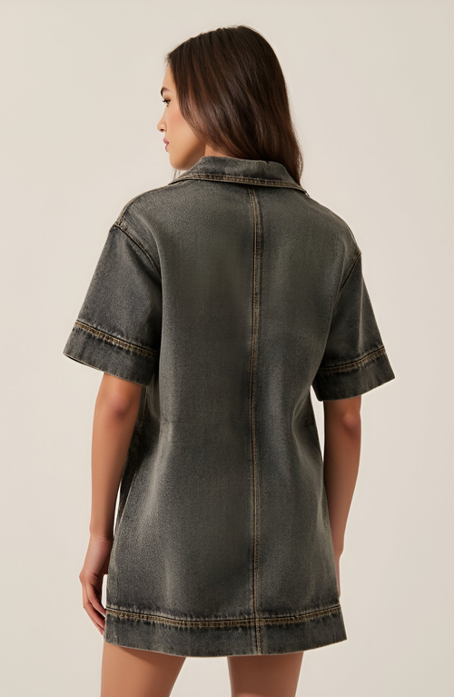Modenaire Solid Denim Mini Shirt Dress With Collared V-neck, Short Sleeves And Chest Flap Pockets In Black