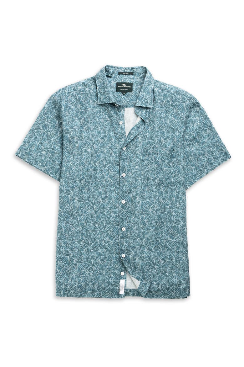 Whitlaker Leaf Print Short Sleeve Linen Button-Up Shirt, Alternate, color, BLUESTONE