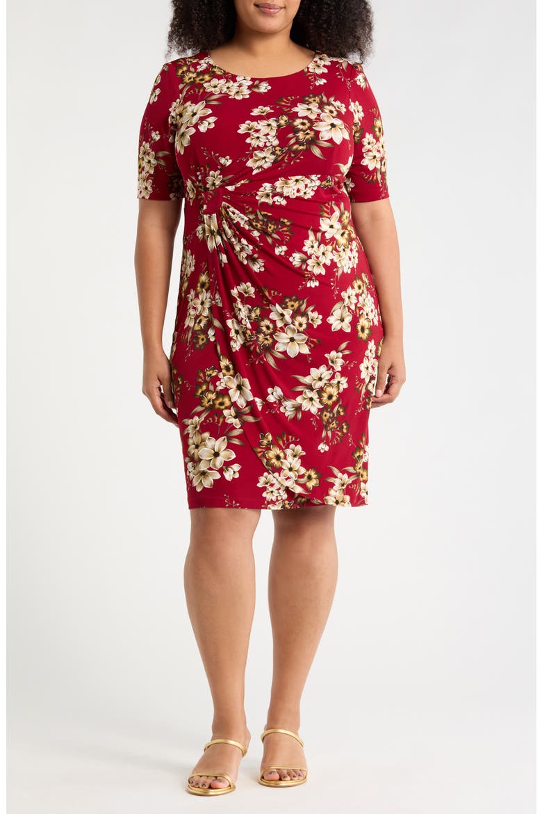 Floral Side Ruched Faux Wrap Dress, Main, color, CRIMSON