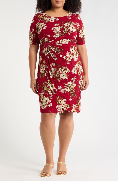 Floral Side Ruched Faux Wrap Dress (Plus)