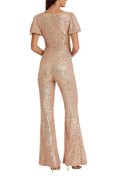 Mac Duggal Sequined Puff Shoulder Illusion Cut Out Jumpsuit In Blush