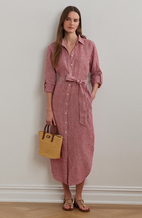 Ralph Lauren Womens Striped Linen Roll Tab Sleeve Shirtdress 0p 22w In Pink