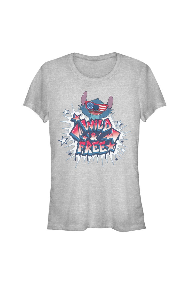 Juniors Lilo & Stitch Troublemaker Wild and Free T Shirt, Main, color, Athletic Heather