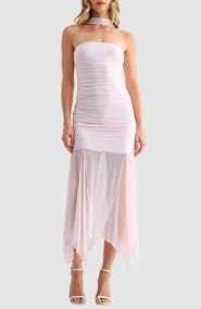 All in Favor Ruched Drop Waist Midi Dress with Scarf