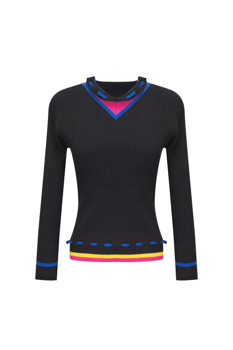 Contrast V-Neck Ruffle Rib Knit Sweater, Main, color, Black