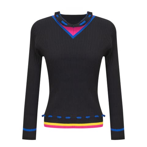 Contrast V-Neck Ruffle Rib Knit Sweater