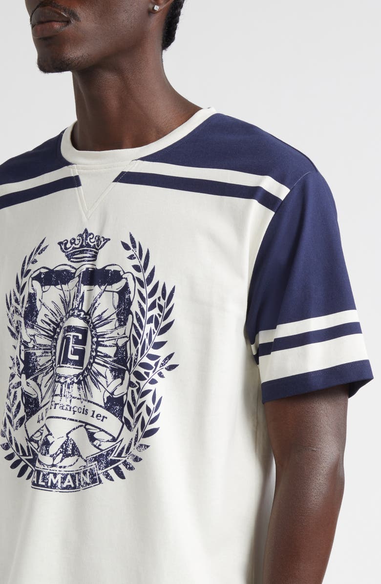 Balmain Emblem Varsity T-Shirt, Alternate, color, Gtj Cream/ Navy