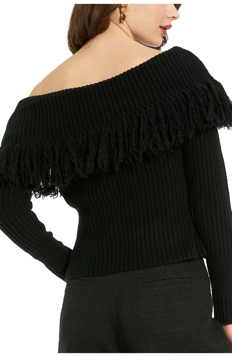 Mac Duggal Off The Shoulder Long Sleeve Fringe Knit Sweater, Alternate, color, Black