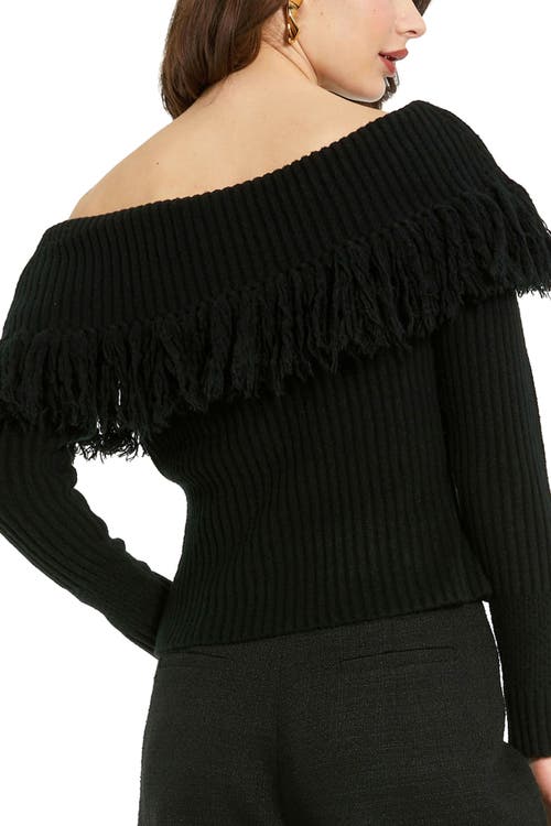 Mac Duggal Off The Shoulder Long Sleeve Fringe Knit Sweater In Black