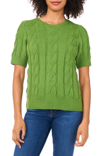 Cece Short Sleeve Cable Stitch Sweater In Green