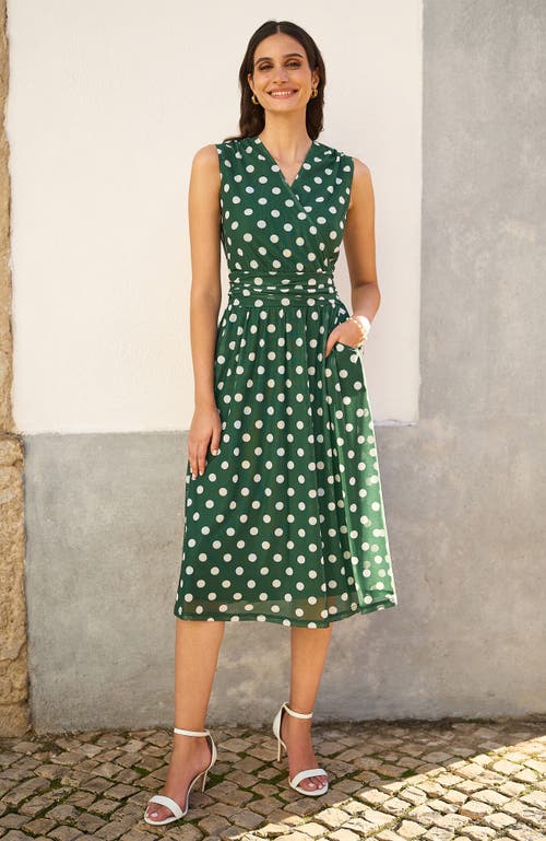 Yumi Polka Dot Mesh Wrap Skater Dress In Green