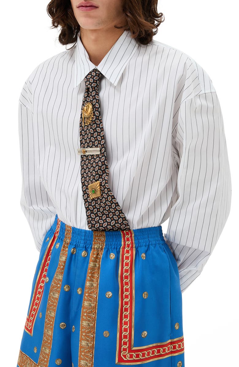 Versace First Line Loose Fit Stripe Cotton Poplin Button-Up Shirt, Main, color, Off White Black