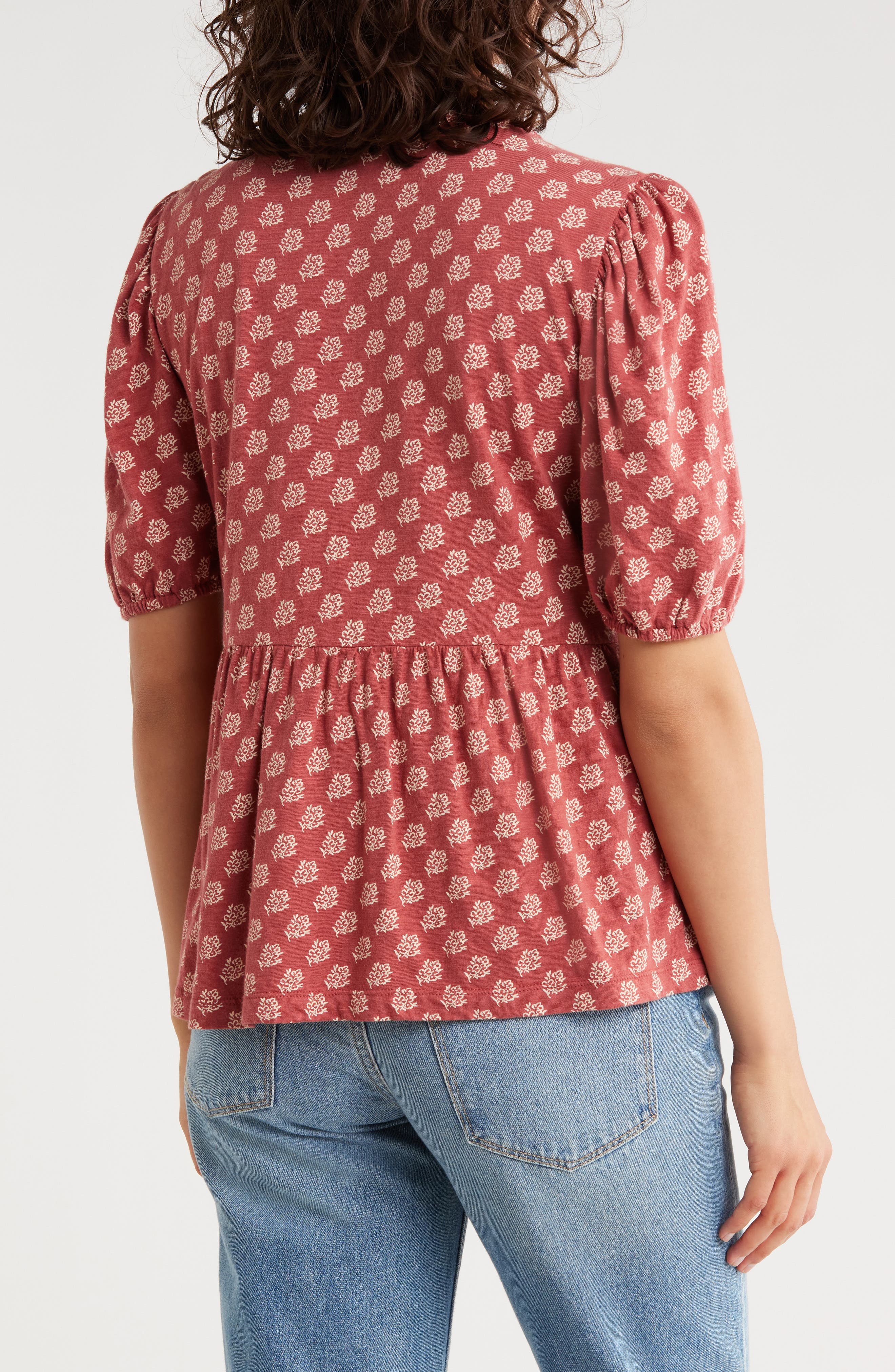 Mixed Print Puff Sleeve Cotton Babydoll Top - image 2