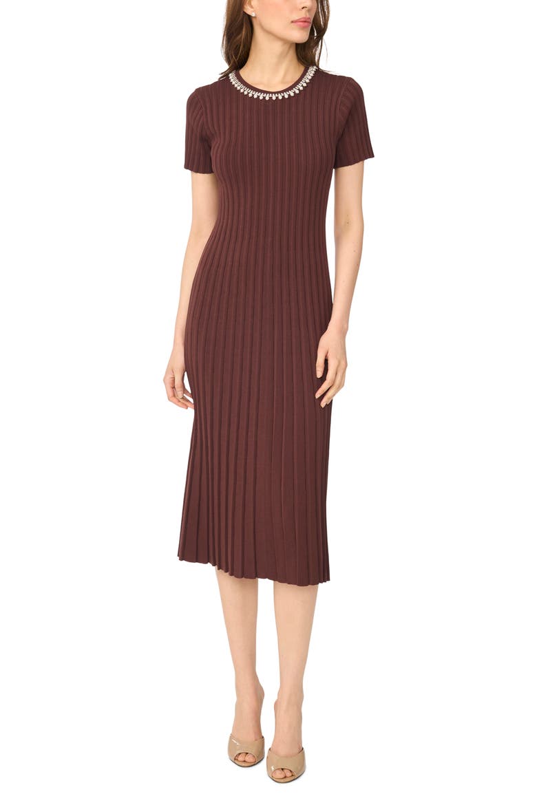 Pearly Neckline Ribbed Sweater Dress, Main, color, DEEP MAHOGANY