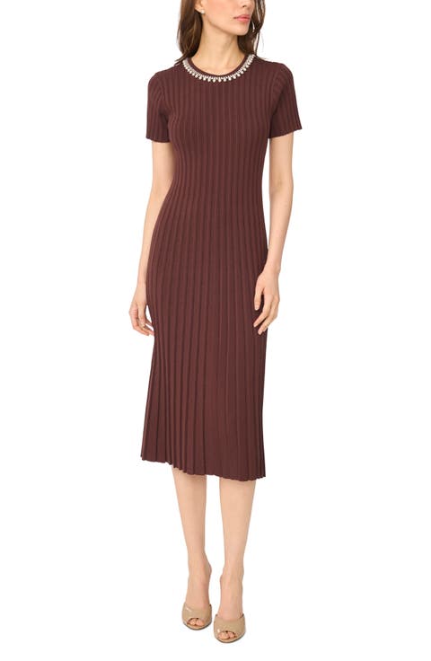 Pearly Neckline Ribbed Sweater Dress