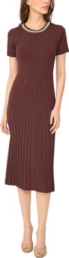 CeCe Pearly Neckline Ribbed Sweater Dress
