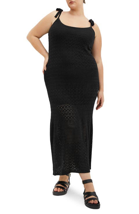 Sweet Tie Strap Open Stitch Midi Dress