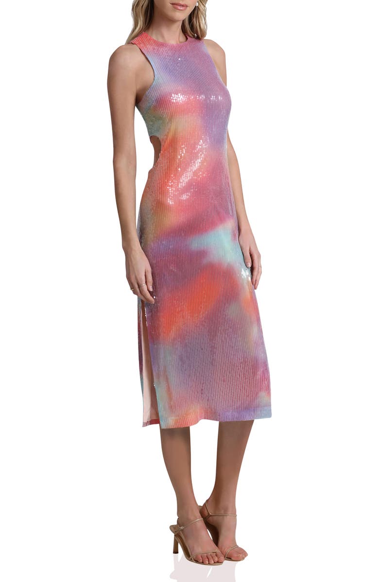 Avec Les Filles Tie Dye Sequin Cutout Cocktail Midi Dress, Alternate, color, Miami Sunset
