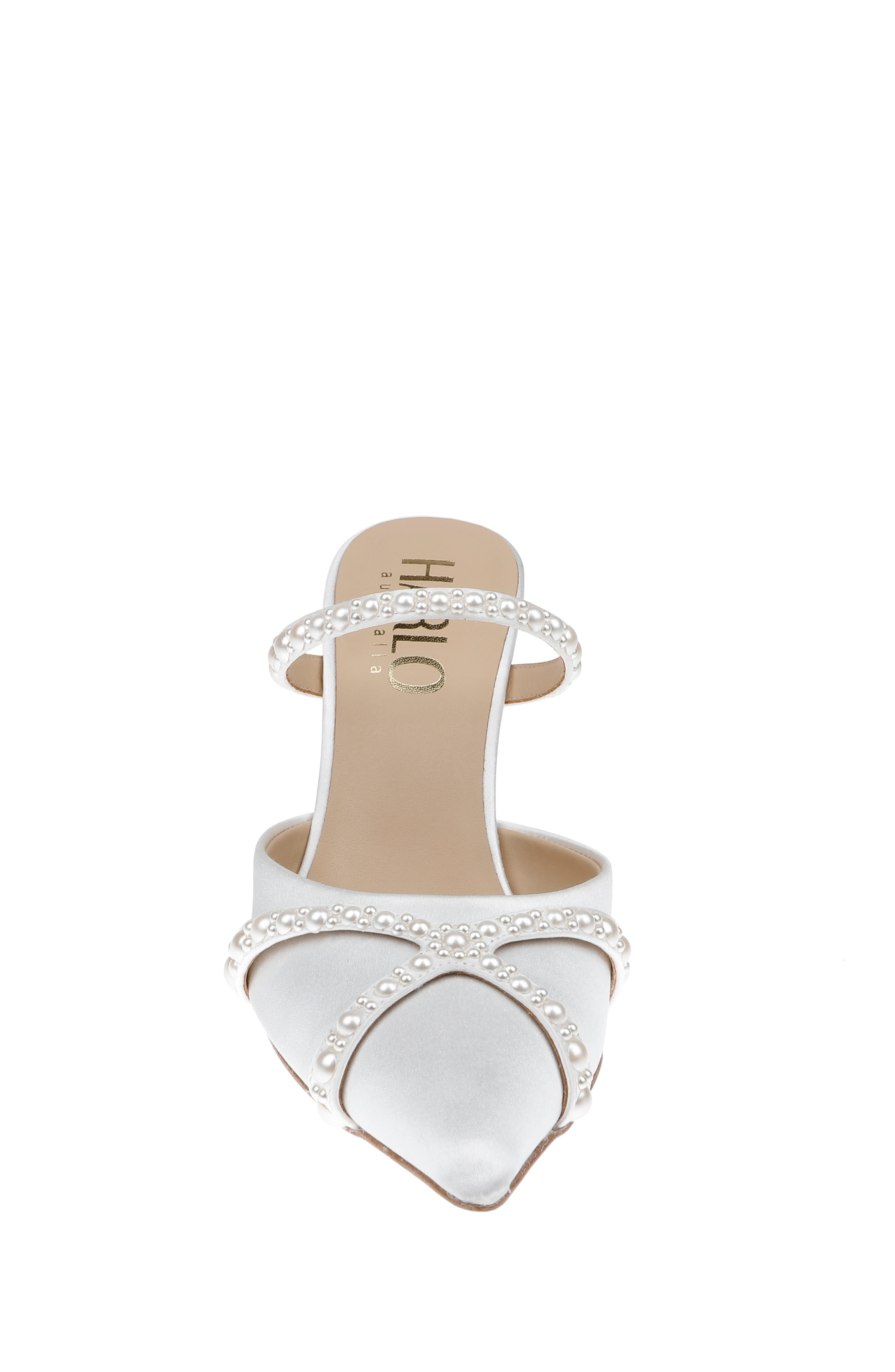 HARLO Grace Pearl Embellished Stiletto Mule Heels, Alternate, color, Soft White Satin