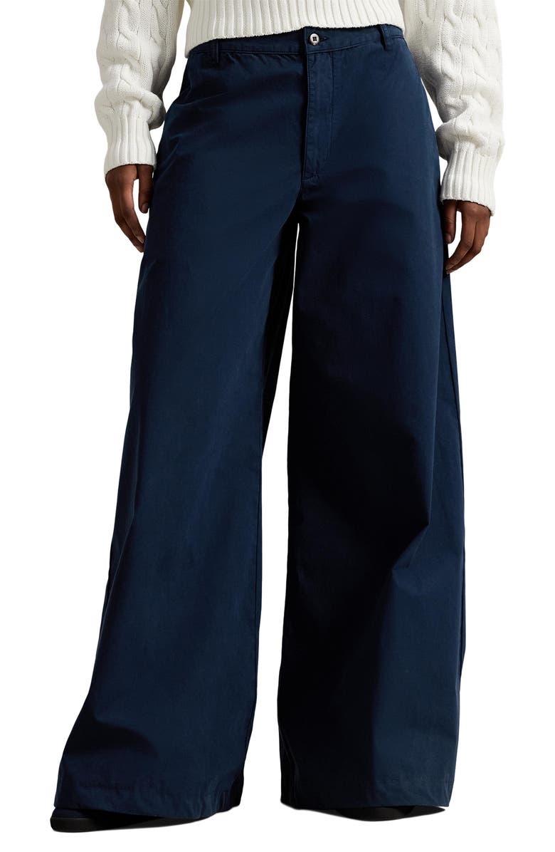 Polo Ralph Lauren Poplin Wide Leg Pants, Main, color, Navy