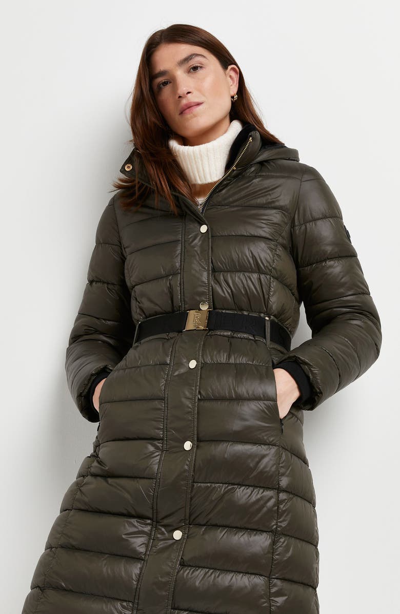 River Island Longline Belted Puffer Coat with Faux Fur Trim, Alternate, color, 