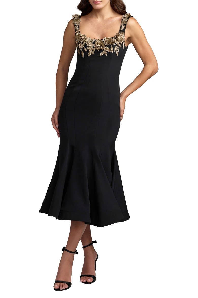 Sleeveless Crepe Mermaid Midi Dress With Flowers, Main, color, Black