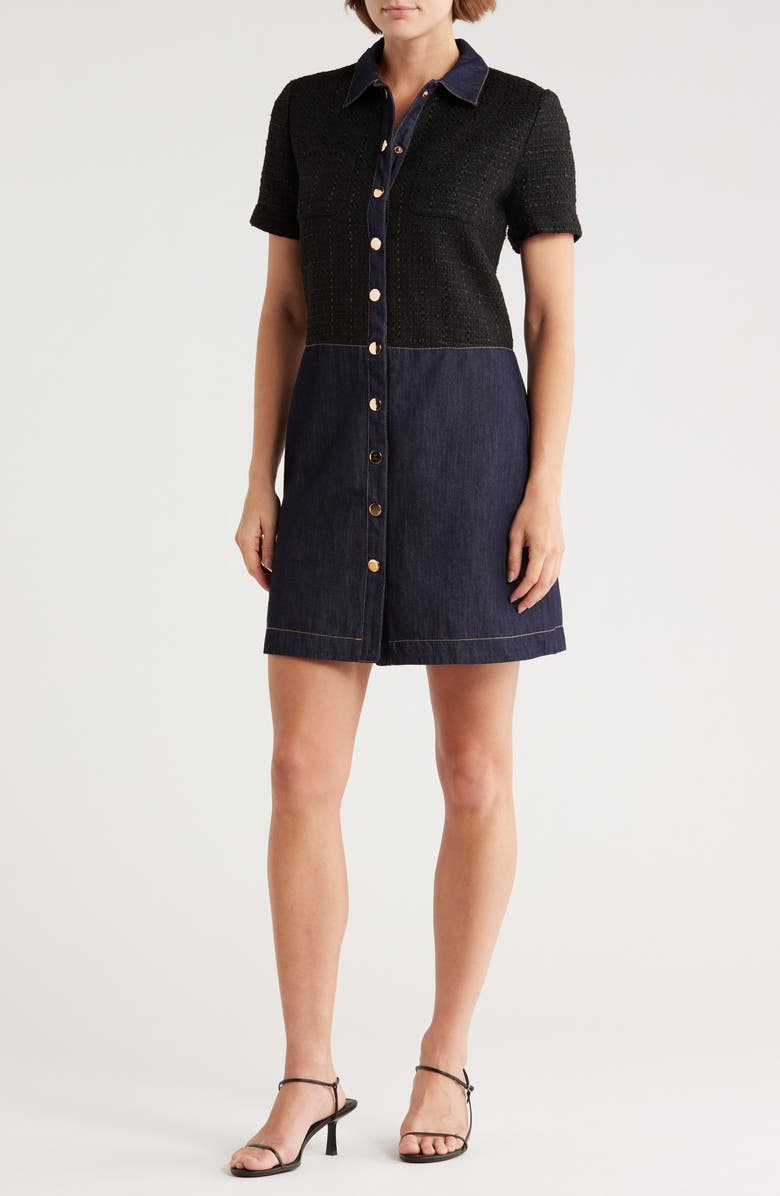 Ellen Tracy Mixed Media Shirtdress, Main, color, Black/ Blue