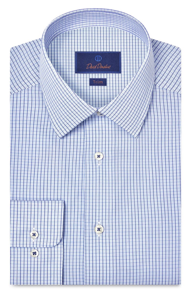 David Donahue Trim Fit Microcheck Cotton Poplin Dress Shirt, Main, color, White/ Blue