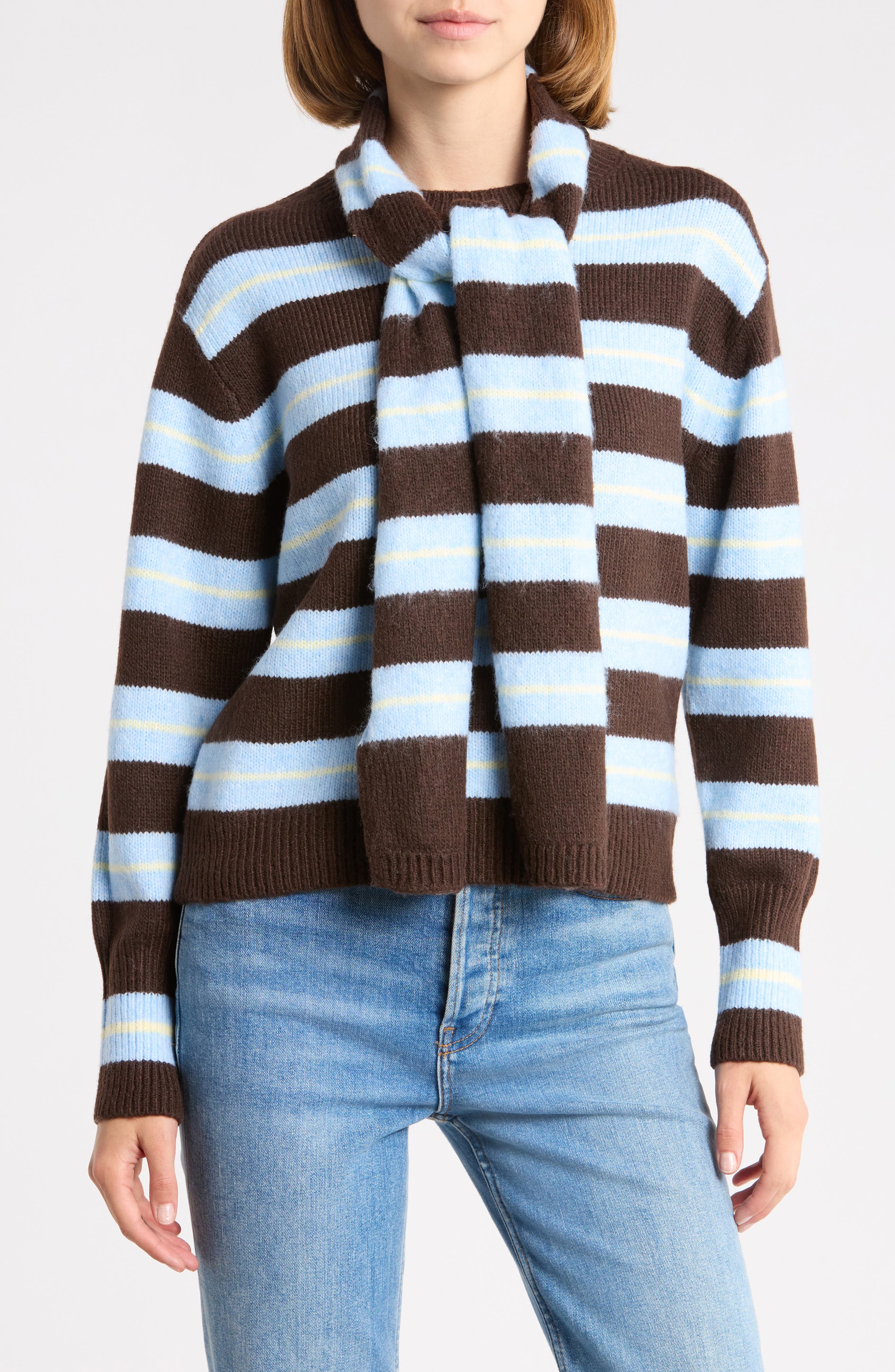 Striped Crewneck Sweater with Scarf