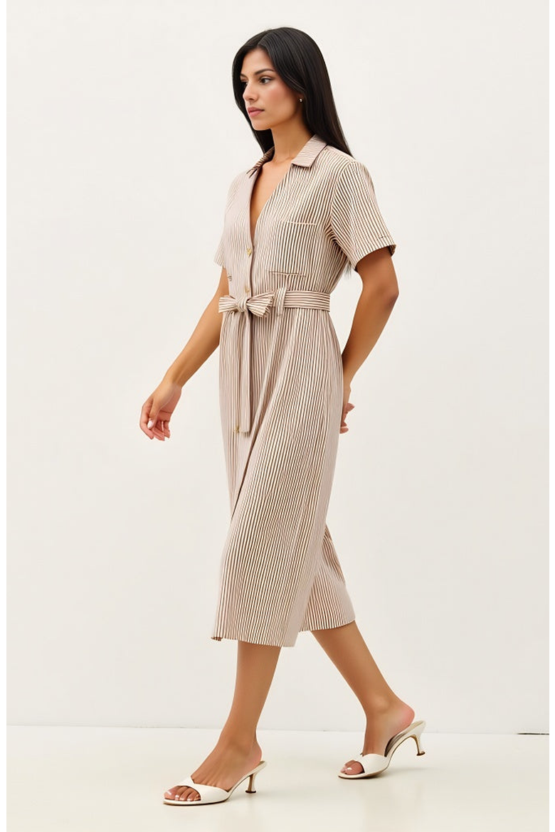 Striped Button-Down Midi Dress with Waist Tie and Collared Neckline, Alternate, color, Beige / Brown Striped