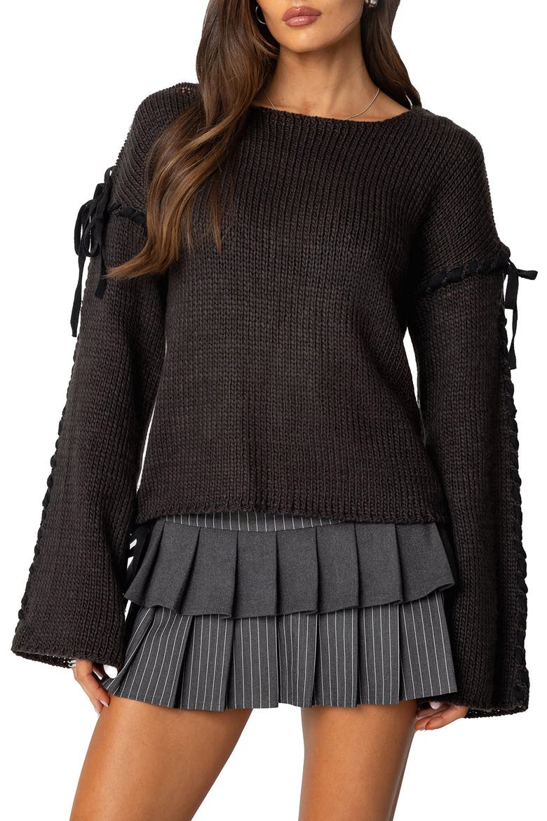 Amelia Lace Up Sleeve Sweater, Main, color, DARK-GRAY