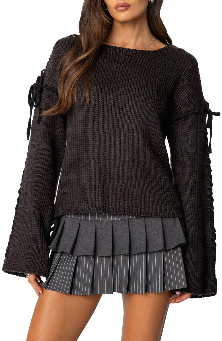 EDIKTED Amelia Lace Up Sleeve Sweater, Main, color, Dark-Gray