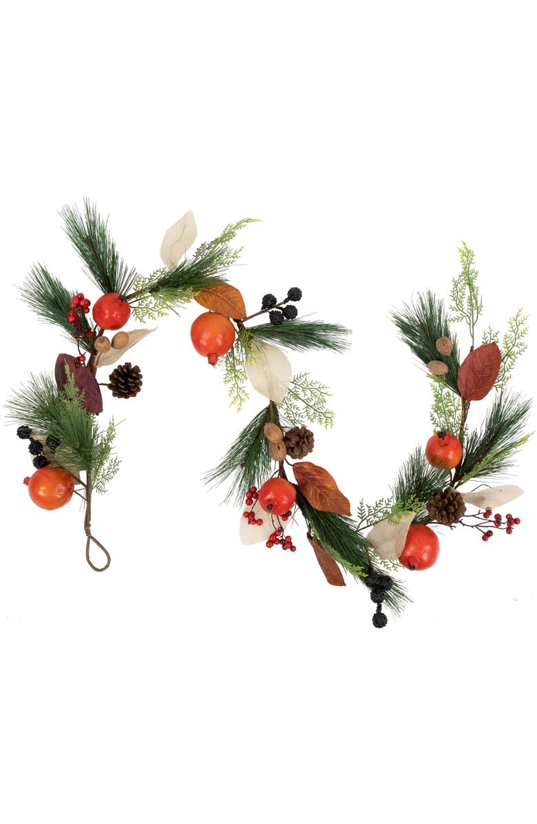 Northlight Mixed Berry, Leaves and Pomegranate Fall Harvest Garland - 6' x 10" - Green and Orange, Main, color, Red