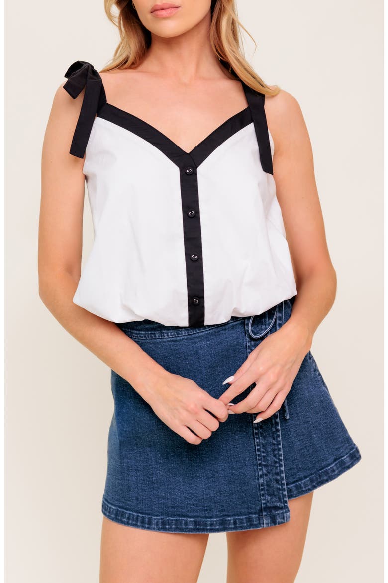 Colorblock Tie Strap Bubble Crop Top, Main, color, OFF WHITE / BLACK