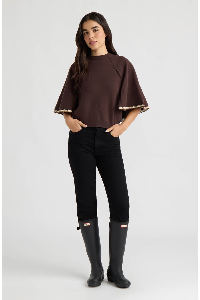 Embroidered Cape Sleeve Sweater, Alternate, color, GROUND COFFEE